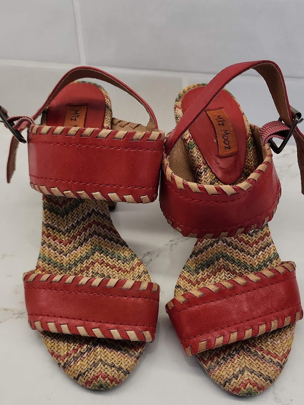 Miz Mooz Red Leather Woven-Trim Sandals